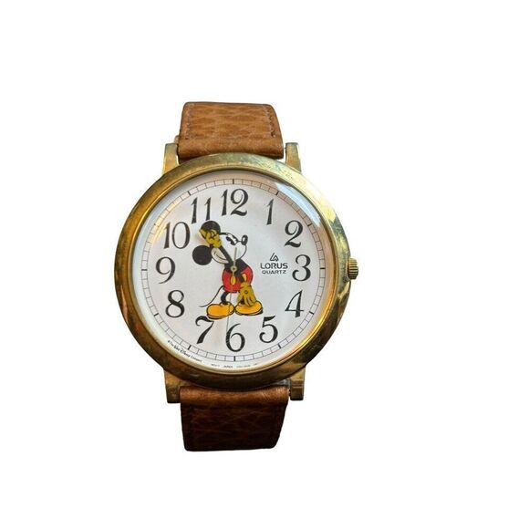 Vintage Lorus Quartz Mickey Mouse Watch Brown Leather Band Adult Size - Picture 1 of 8